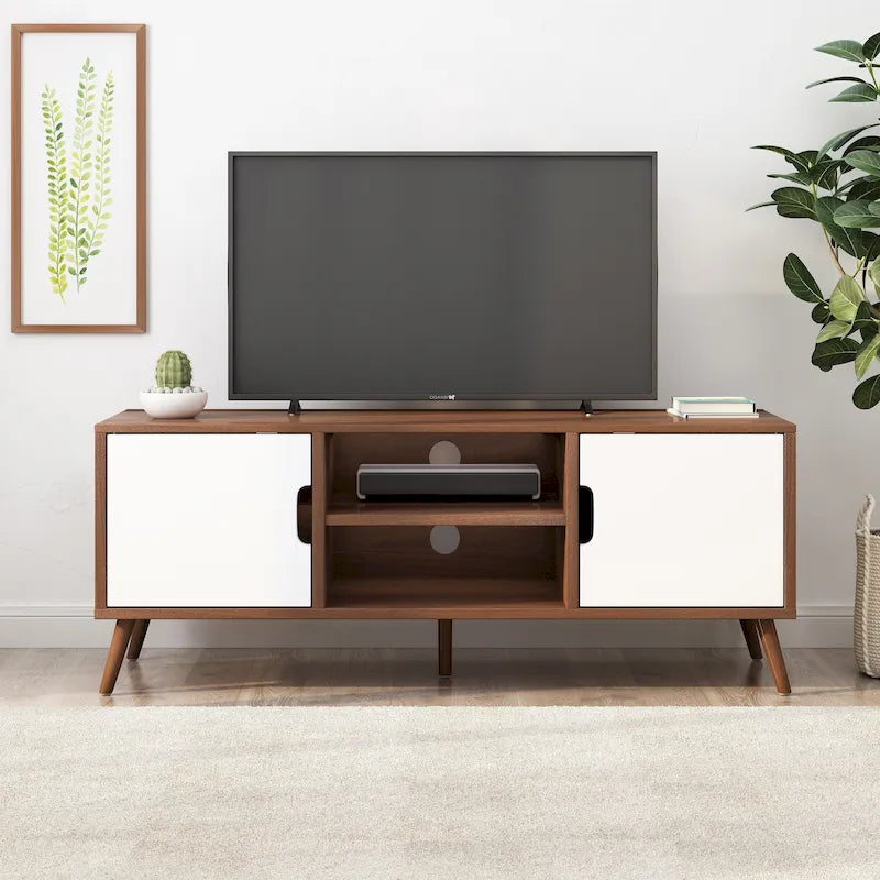 White+Walnut 47.25 TV Stand with Splayed Legs & 3 Staggered Drawers for 40 TVs