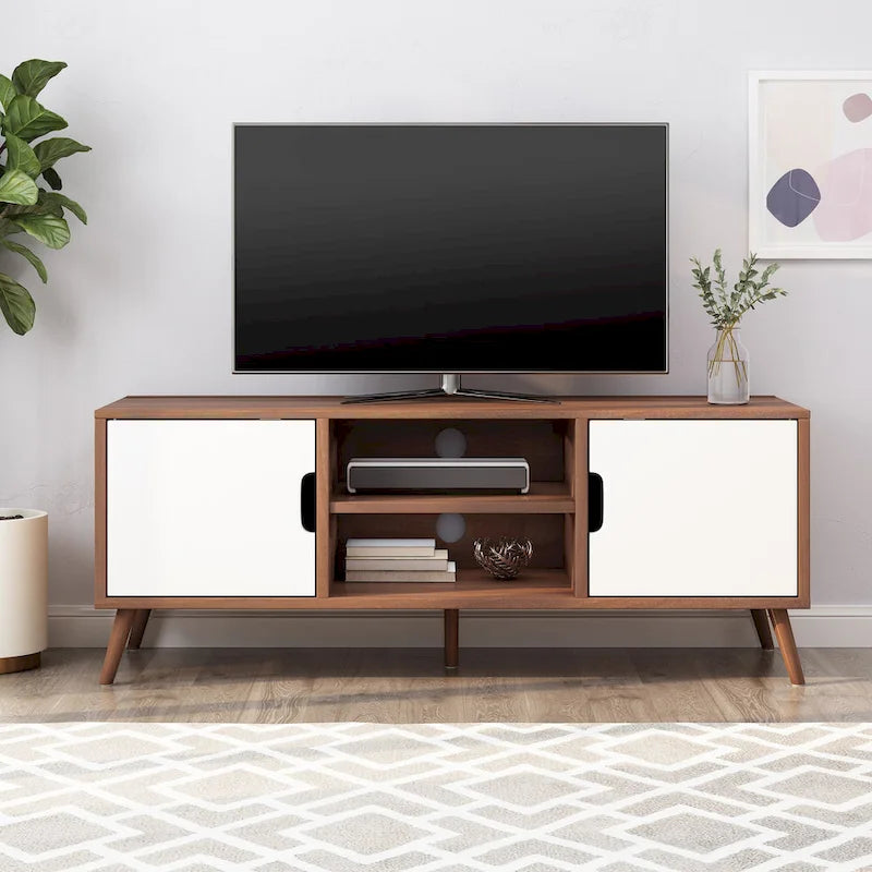 White+Walnut 47.25 TV Stand with Splayed Legs & 3 Staggered Drawers for 40 TVs