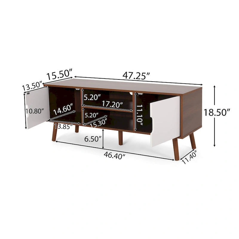 White+Walnut 47.25 TV Stand with Splayed Legs & 3 Staggered Drawers for 40 TVs