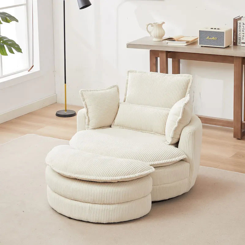Beige 52 Upholstered Swivel Barrel Chair with Moon Storage Ottoman and Pillows