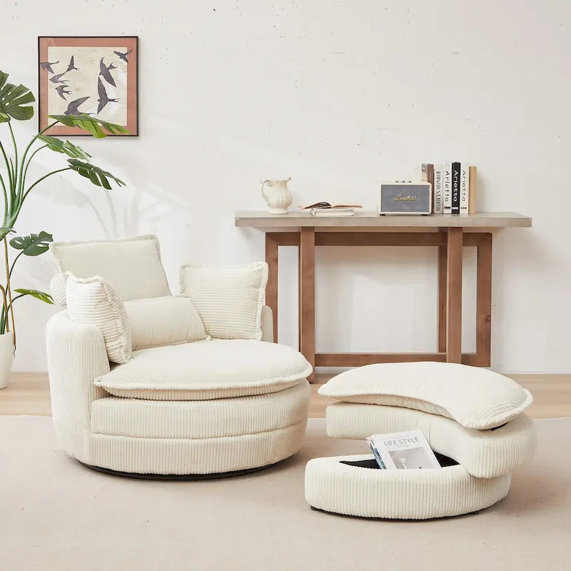 Beige 52 Upholstered Swivel Barrel Chair with Moon Storage Ottoman and Pillows