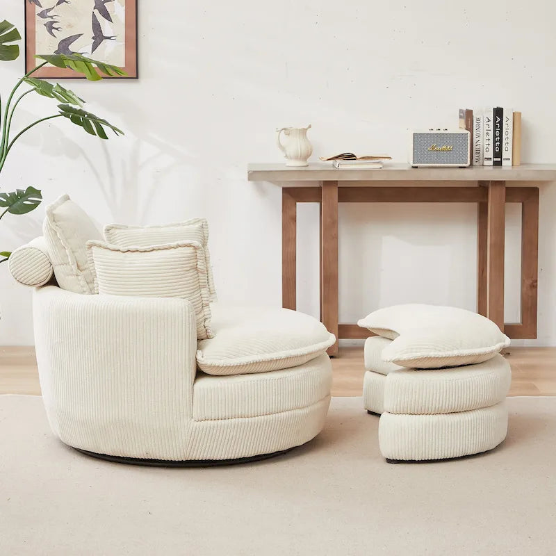 Beige 52 Upholstered Swivel Barrel Chair with Moon Storage Ottoman and Pillows