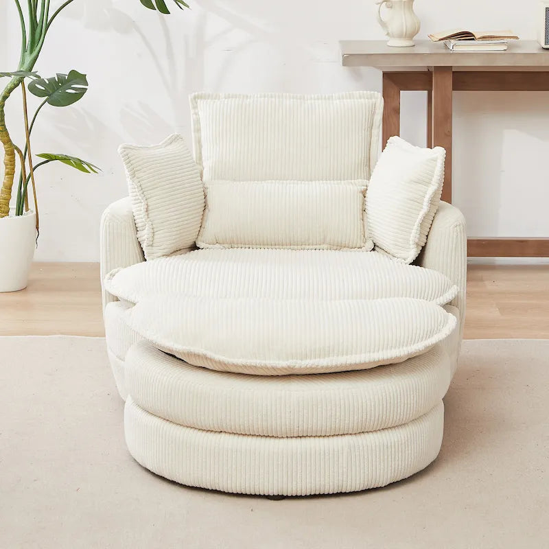 Beige 52 Upholstered Swivel Barrel Chair with Moon Storage Ottoman and Pillows