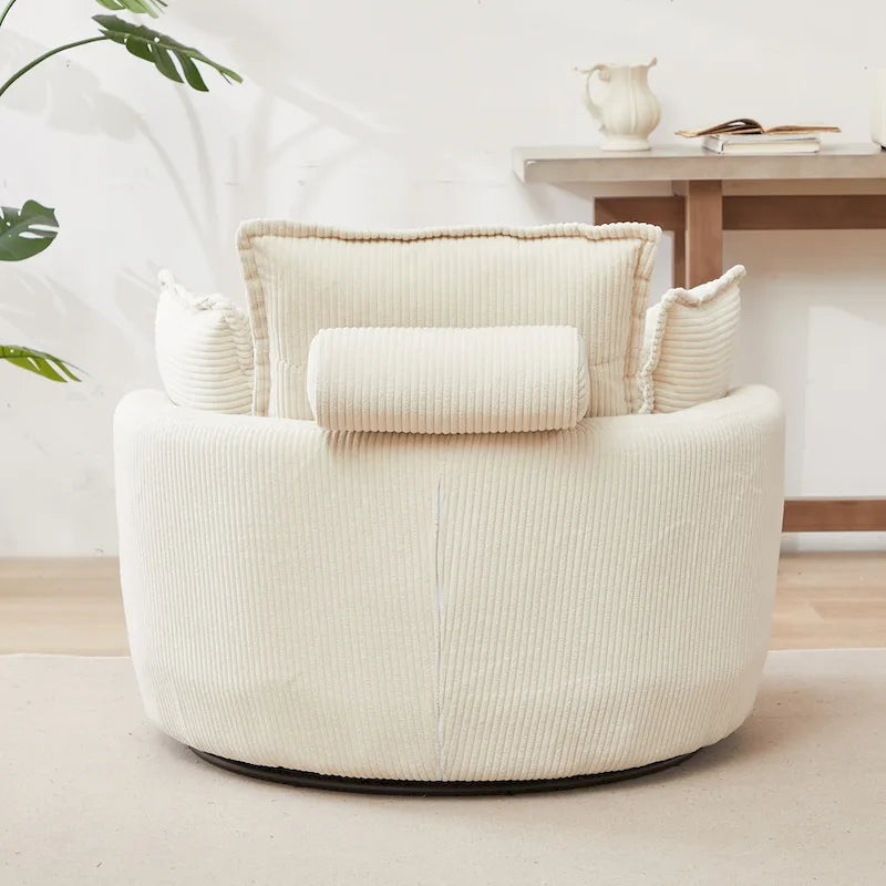 Beige 52 Upholstered Swivel Barrel Chair with Moon Storage Ottoman and Pillows