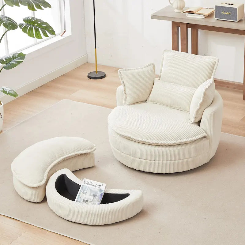 Beige 52 Upholstered Swivel Barrel Chair with Moon Storage Ottoman and Pillows
