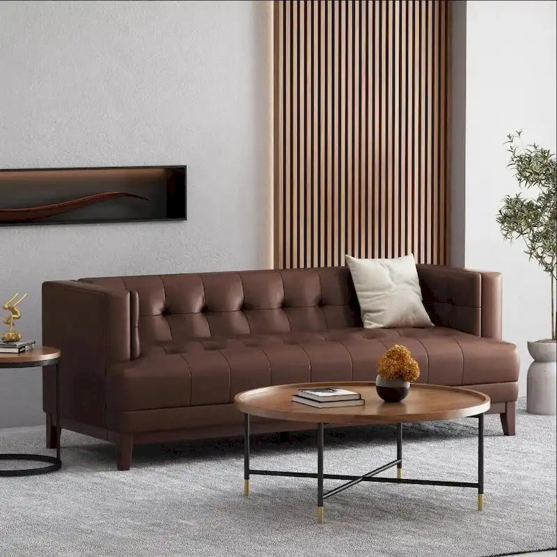 Dark Brown Modern 80.75 Button Tufted 3-Seater Sofa with Wood Legs