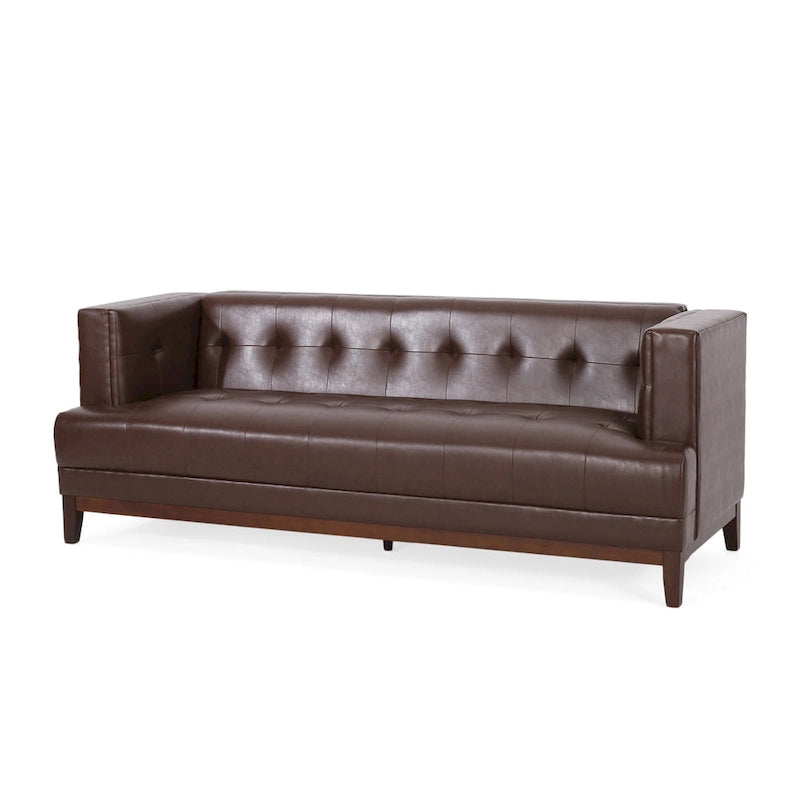 Dark Brown Modern 80.75 Button Tufted 3-Seater Sofa with Wood Legs