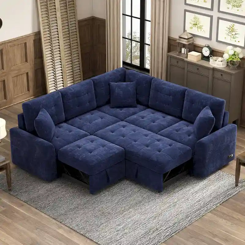 Navy Blue 82.6 Velvet L-Shaped Sleeper Sectional Sofa with USB Ports