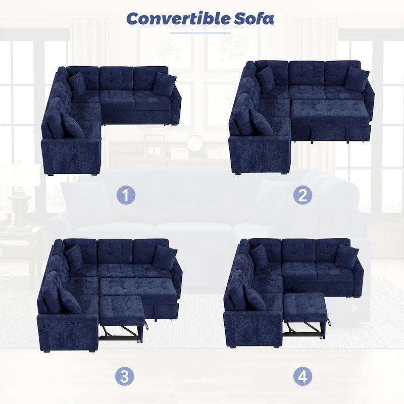 Navy Blue 82.6 Velvet L-Shaped Sleeper Sectional Sofa with USB Ports