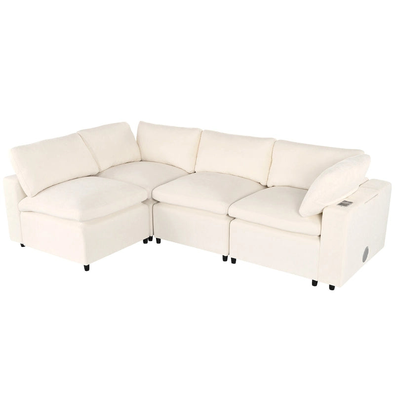 Beige Chenille Modular Sectional Sofa with USB, Bluetooth & Storage