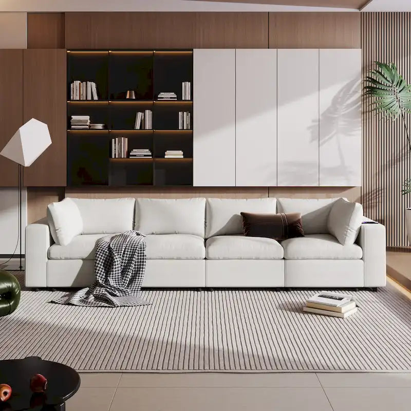 Sectional photo - Beige Upholstered 4-Seater Modular Sectional Sofa with Wireless Charging