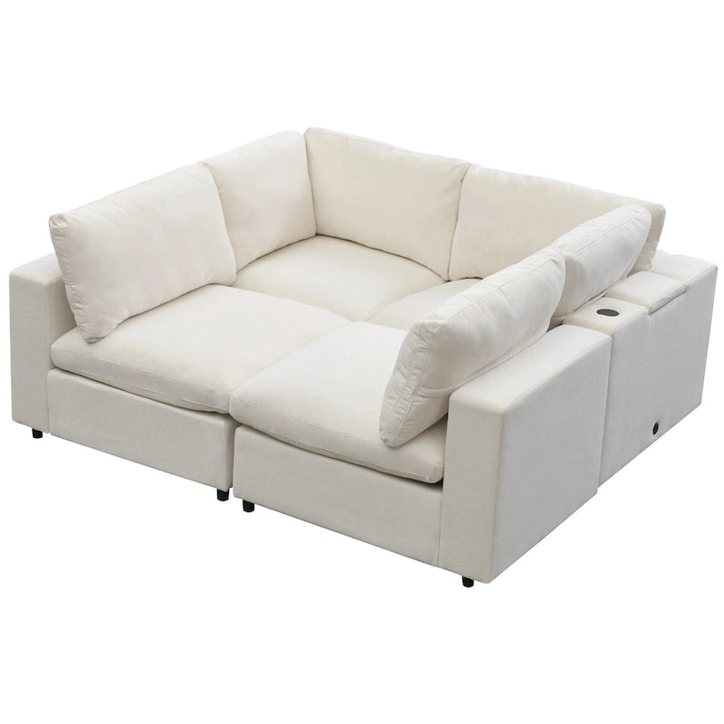 Beige Upholstered 4-Seater Modular Sectional Sofa with Wireless Charging