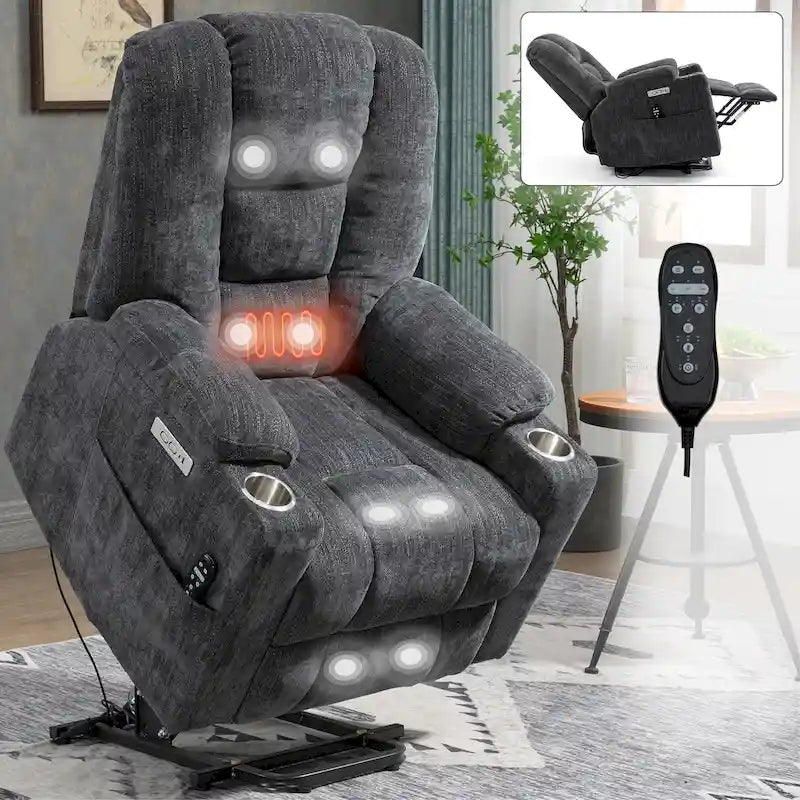 Large Power Lift Recliner Chair with Massage and Heat for Elderly, Wide Recliners, with USB and Type C Ports,2 Cup Holders