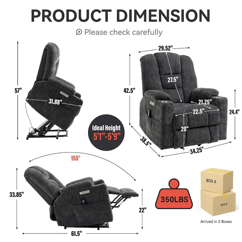 Large Power Lift Recliner Chair with Massage and Heat for Elderly, Wide Recliners, with USB and Type C Ports,2 Cup Holders