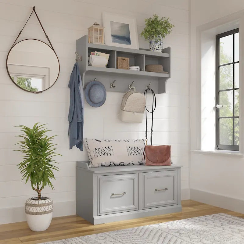 Woodland 40W Shoe Bench with Doors & Wall Coat Rack by Bush Furniture