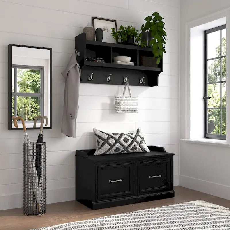 Woodland 40W Shoe Bench with Doors & Wall Coat Rack by Bush Furniture