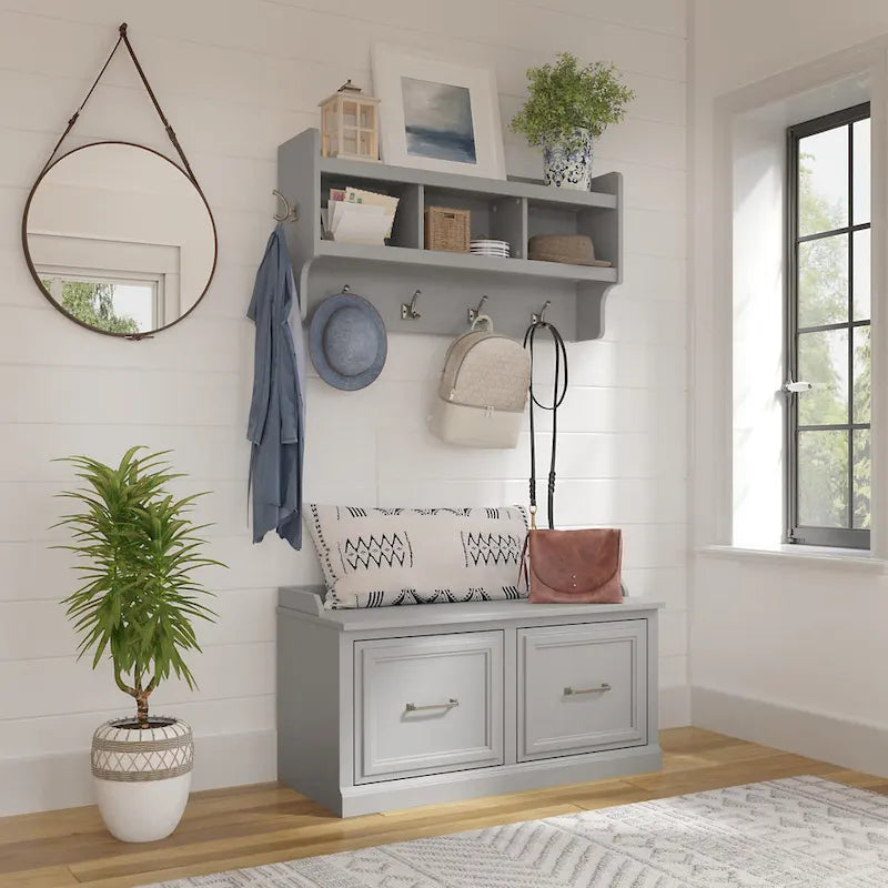 Woodland 40W Shoe Bench with Doors & Wall Coat Rack by Bush Furniture