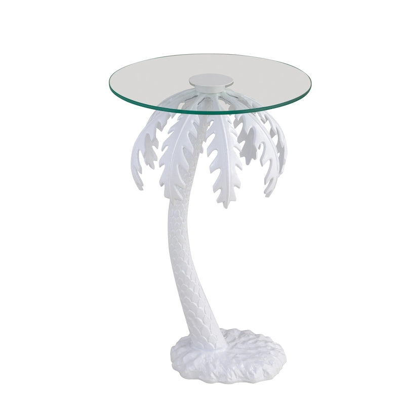 Hedda 24.75 Mid-Century Vintage Glass Top Metal Palm Tree End Table, White, by JONATHAN Y