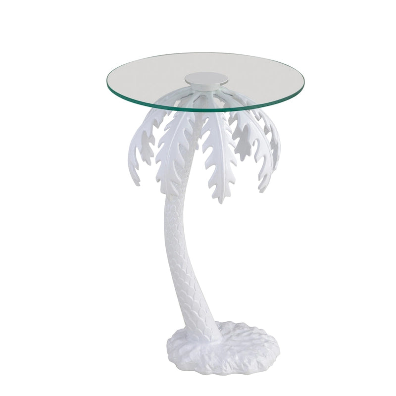 Hedda 24.75 Mid-Century Vintage Glass Top Metal Palm Tree End Table, White, by JONATHAN Y