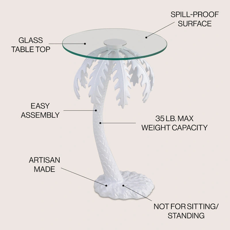 Hedda 24.75 Mid-Century Vintage Glass Top Metal Palm Tree End Table, White, by JONATHAN Y
