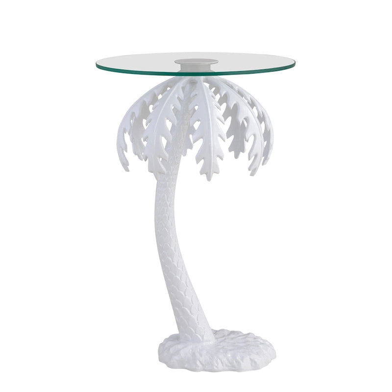 Hedda 24.75 Mid-Century Vintage Glass Top Metal Palm Tree End Table, White, by JONATHAN Y