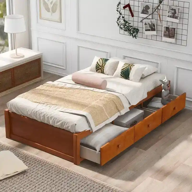 Twin Size Wooden Platform Bed with 3 Drawers