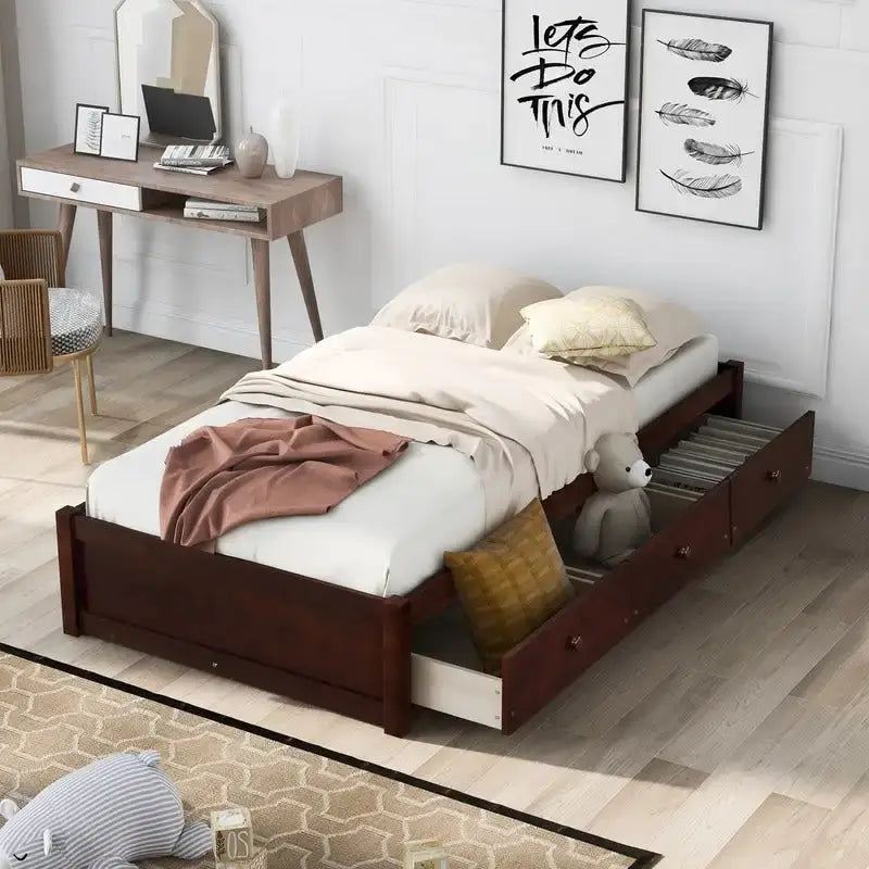 Twin Size Wooden Platform Bed with 3 Drawers