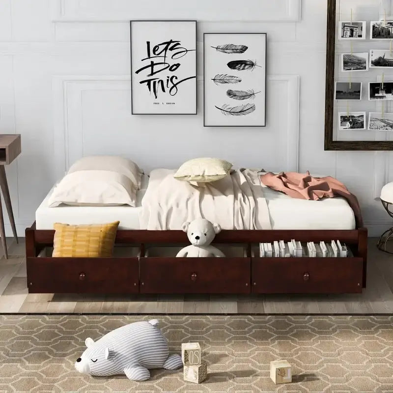Twin Size Wooden Platform Bed with 3 Drawers