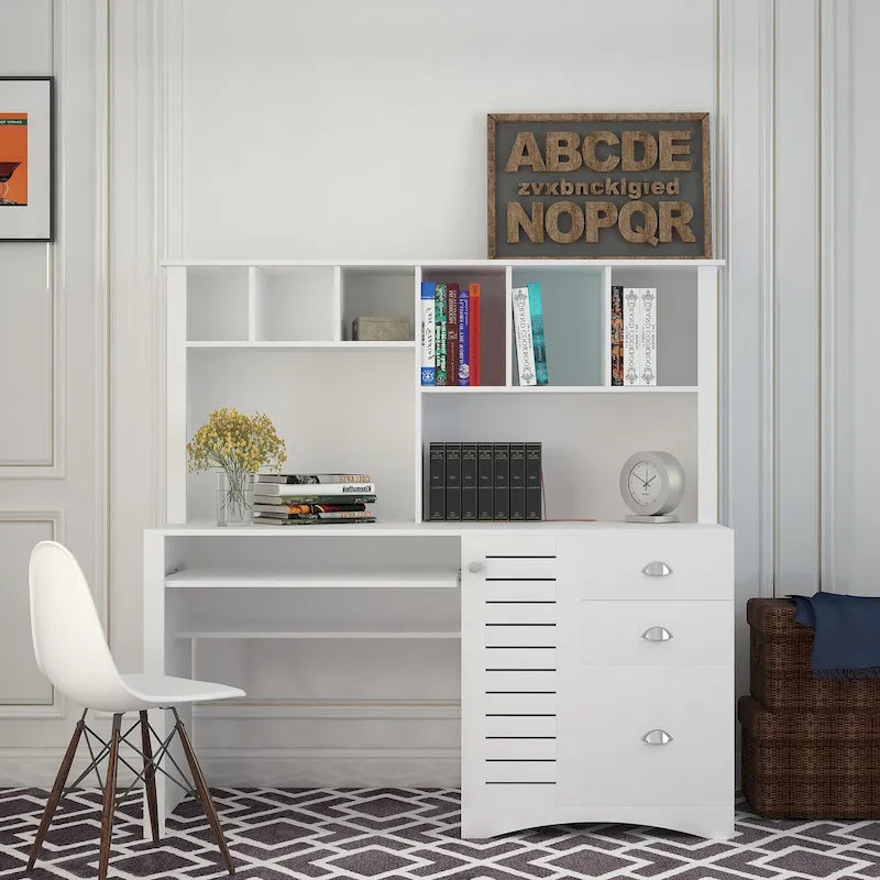Modern Computer Desk with Hutch and 2 Tier Shelves and Drawers and Concealed Cabinet for Study and Bedroom or Living Room