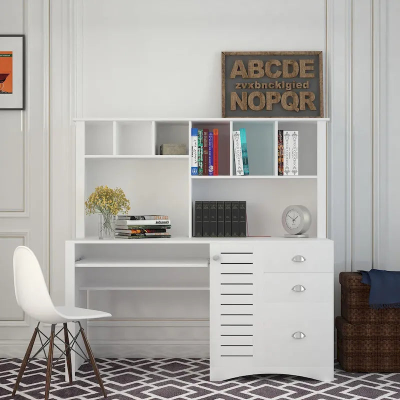 Modern Computer Desk with Hutch and 2 Tier Shelves and Drawers and Concealed Cabinet for Study and Bedroom or Living Room