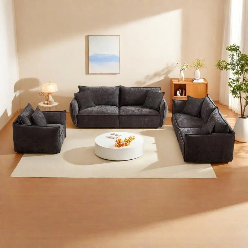 3-pieces Linen Modular Sofa Set with 3+3+1 Seater Combo and Wooden Frame & 5 Pillows
