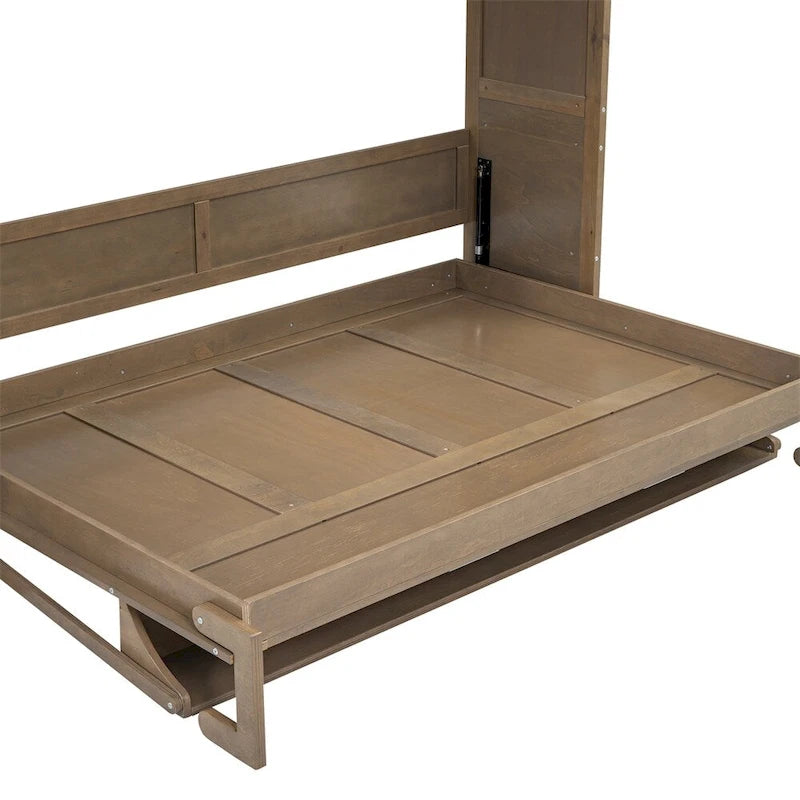 Full Size Murphy Bed w/Wardrobe,Drawers and Open Shelves,Antique Wood