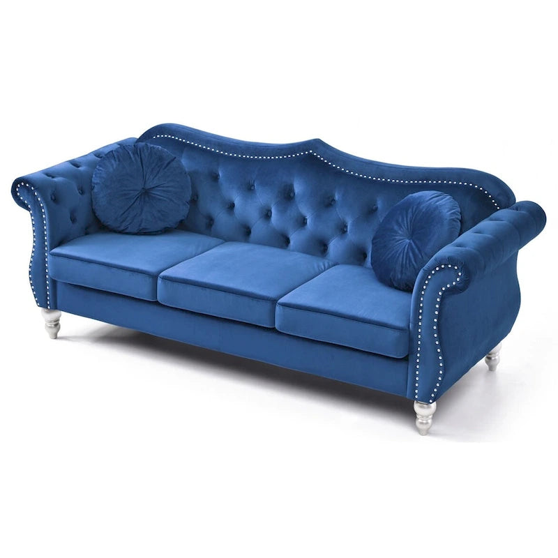 Velvet Tufted Chesterfield 3-Seater Sofa with Throw Pillows - 82 - Blue