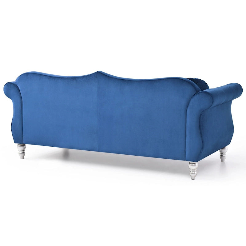 Velvet Tufted Chesterfield 3-Seater Sofa with Throw Pillows - 82 - Blue