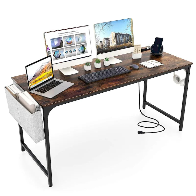 Costway 60 Modern Computer Desk with Charging Station with Storage