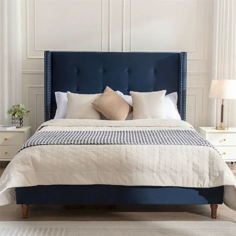 Upholstered King Bed Features a 54 High Headboard w/Buttoned Tuft