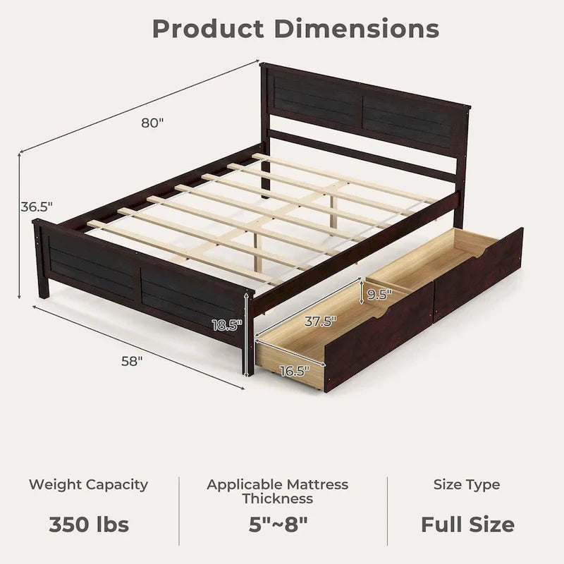 Gymax Full Size Wooden Bed Frame with 2 Storage Drawers & Under-bed