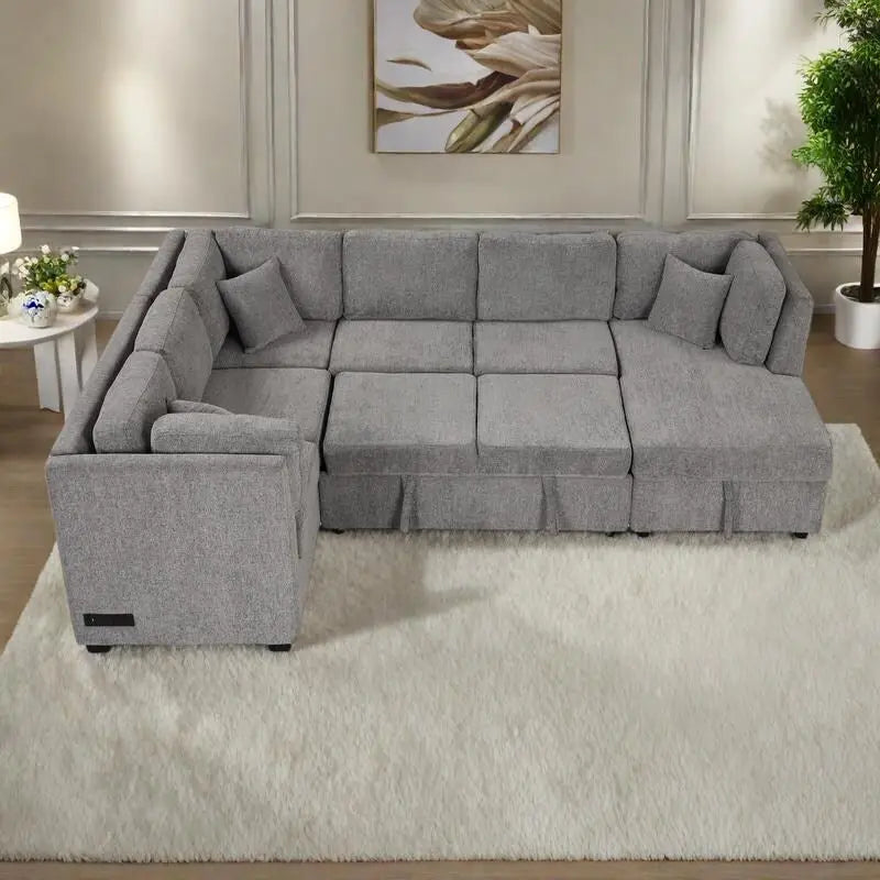 108.6 Chenille U-Shaped Sectional Sofa Bed with USB Ports, Storage Chaise, and 3 Back Pillows