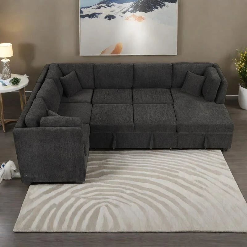 108.6 Chenille U-Shaped Sectional Sofa Bed with USB Ports, Storage Chaise, and 3 Back Pillows