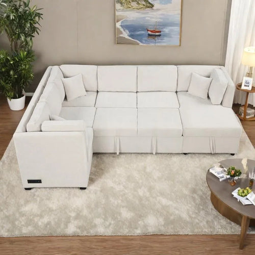 108.6 Chenille U-Shaped Sectional Sofa Bed with USB Ports, Storage Chaise, and 3 Back Pillows