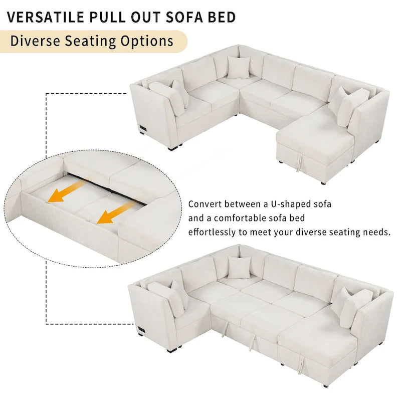 108.6 Chenille U-Shaped Sectional Sofa Bed with USB Ports, Storage Chaise, and 3 Back Pillows