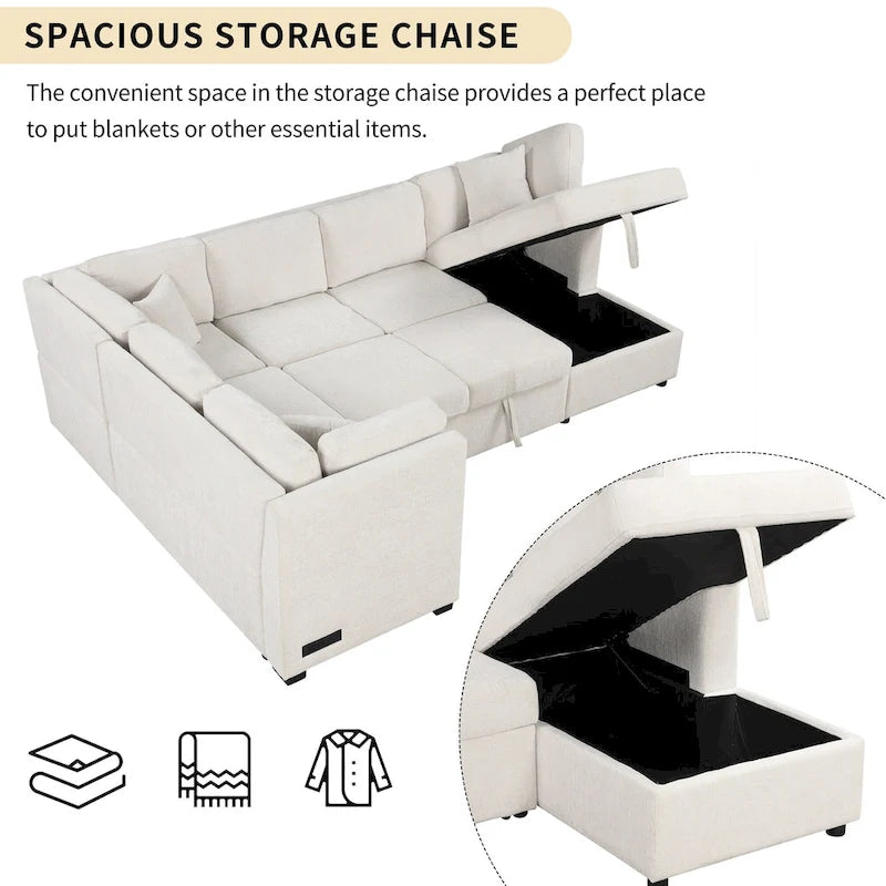 108.6 Chenille U-Shaped Sectional Sofa Bed with USB Ports, Storage Chaise, and 3 Back Pillows