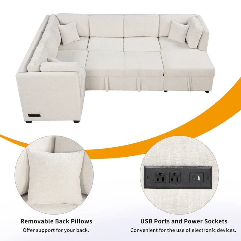 108.6 Chenille U-Shaped Sectional Sofa Bed with USB Ports, Storage Chaise, and 3 Back Pillows