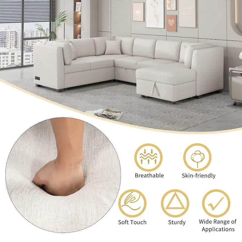 108.6 Chenille U-Shaped Sectional Sofa Bed with USB Ports, Storage Chaise, and 3 Back Pillows