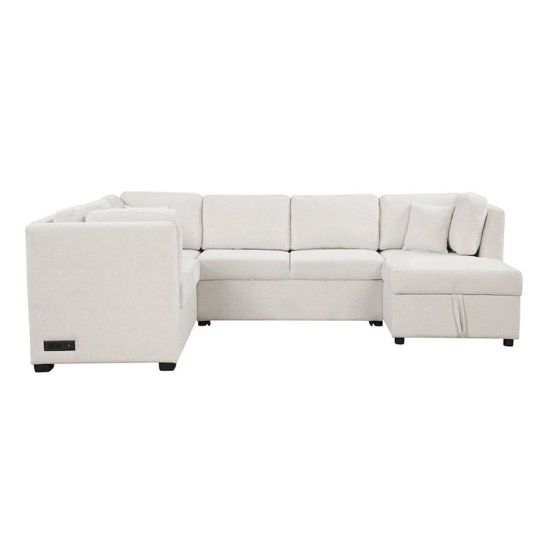 108.6 Chenille U-Shaped Sectional Sofa Bed with USB Ports, Storage Chaise, and 3 Back Pillows