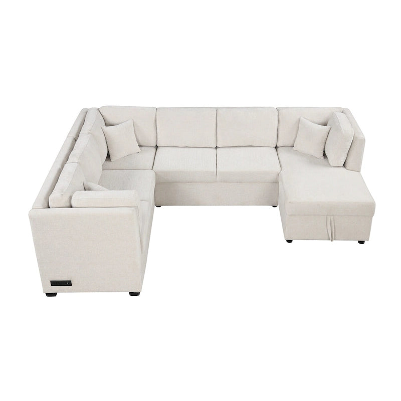 108.6 Chenille U-Shaped Sectional Sofa Bed with USB Ports, Storage Chaise, and 3 Back Pillows
