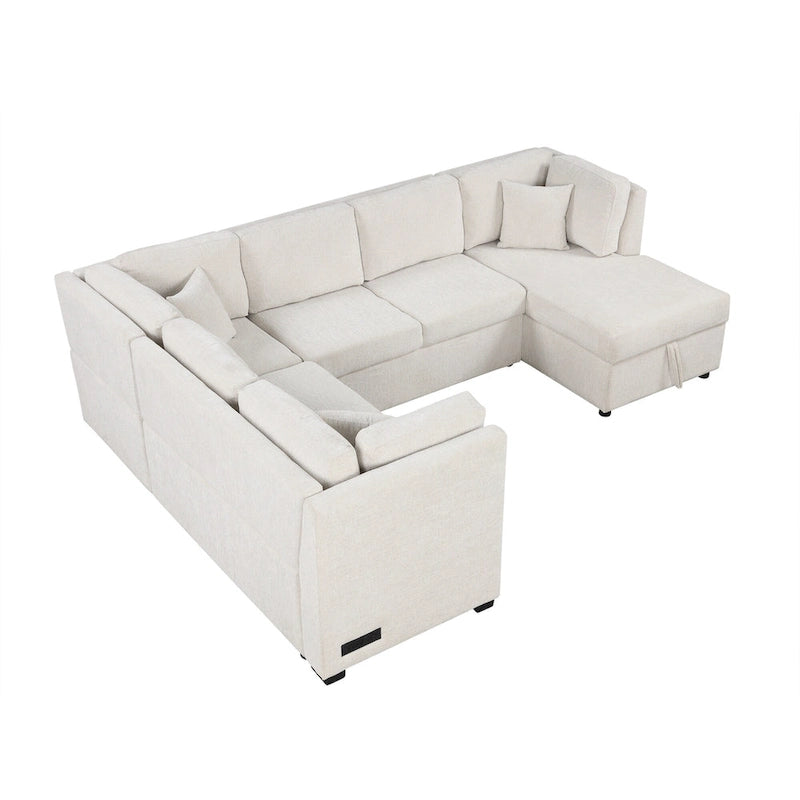 108.6 Chenille U-Shaped Sectional Sofa Bed with USB Ports, Storage Chaise, and 3 Back Pillows