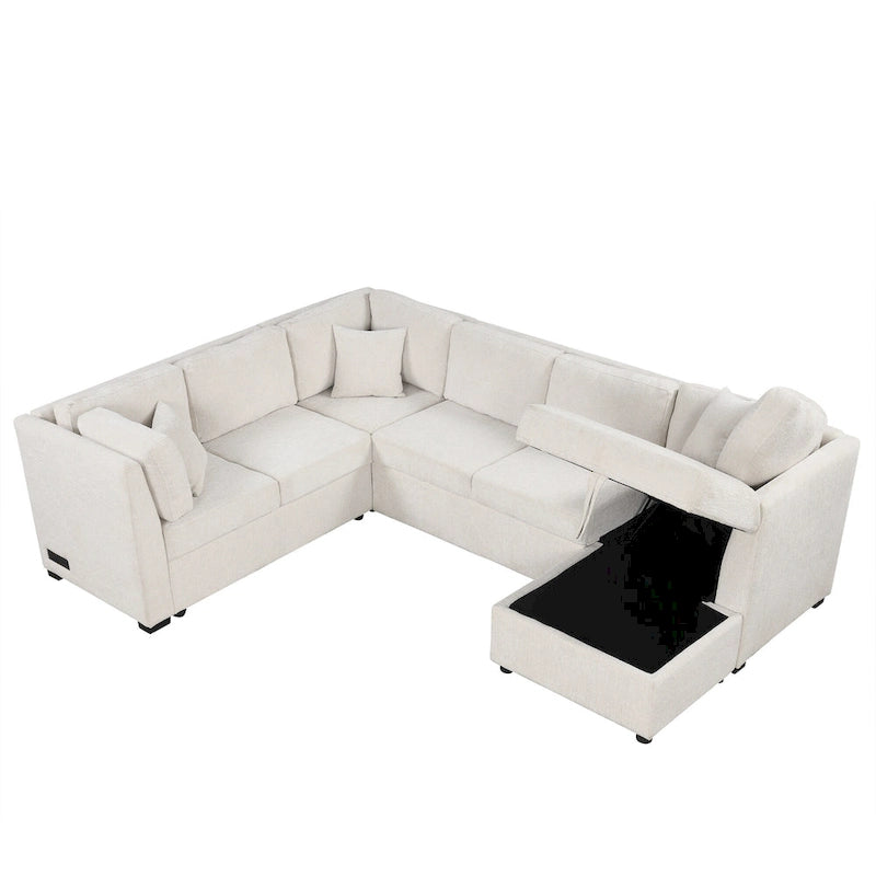 108.6 Chenille U-Shaped Sectional Sofa Bed with USB Ports, Storage Chaise, and 3 Back Pillows