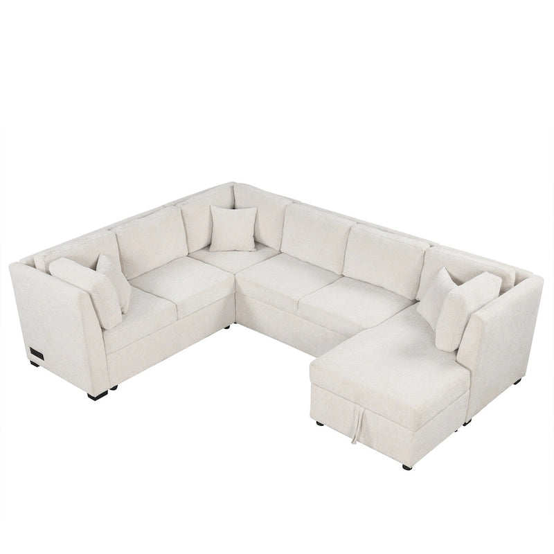 108.6 Chenille U-Shaped Sectional Sofa Bed with USB Ports, Storage Chaise, and 3 Back Pillows