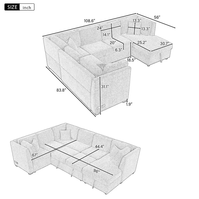 108.6 Chenille U-Shaped Sectional Sofa Bed with USB Ports, Storage Chaise, and 3 Back Pillows